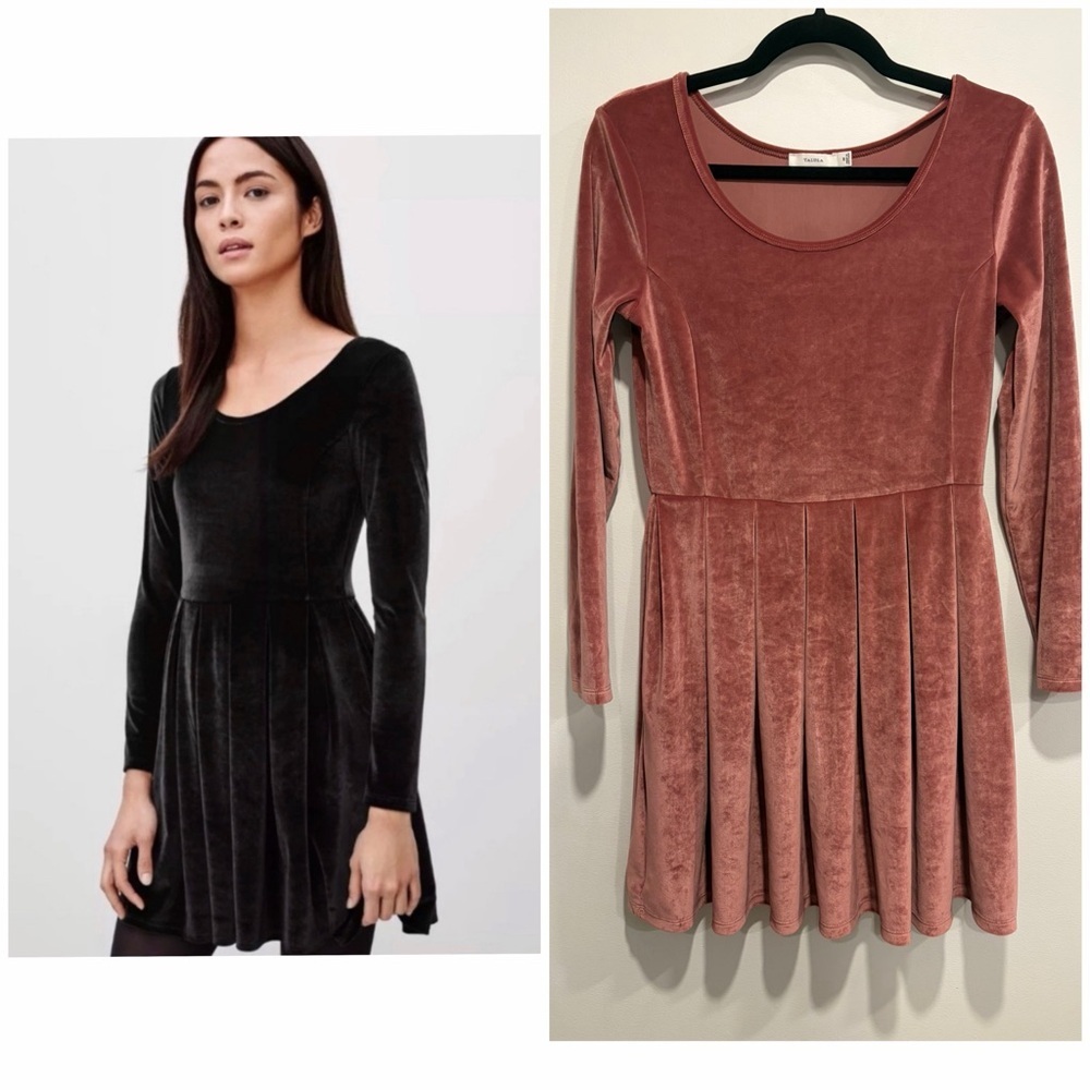 Aritzia Talula Lambeth Velvet Dusty Rose Long Sleeve Fit & Flare Dress Size M